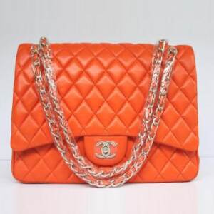 Bolsa Chanel Classic Flap Pele De Cordeiro Laranja